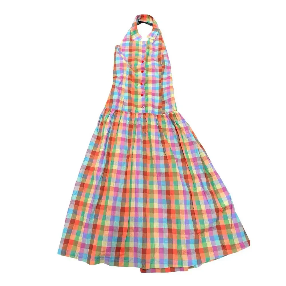 NWT Lisa Says Gah Vaughn Midi Dress Colorburst Plaid Halter Smocked Back L - Picture 7 of 11